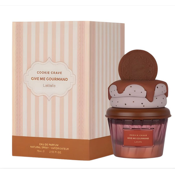 Cookie-themed perfume bottle with packaging on a white background