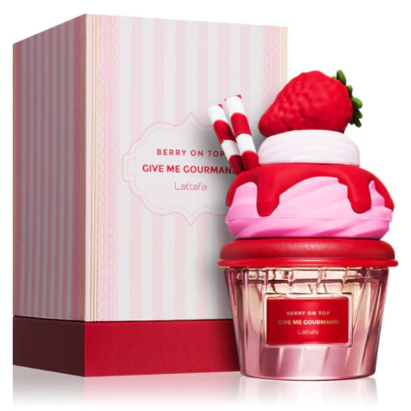 Strawberry-themed perfume bottle with matching packaging on a white background
