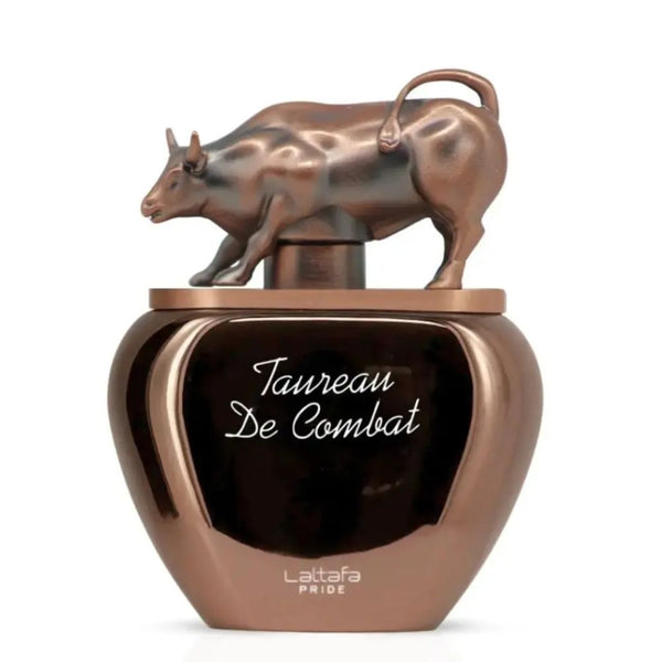 Bronze perfume bottle with bull design on top, featuring the brand 'Lattafa'.