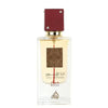 Perfume bottle with maroon cap and decorative label on a white background