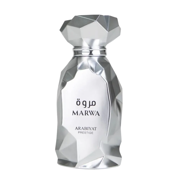 Silver perfume bottle with 'Marwa' branding on a white background