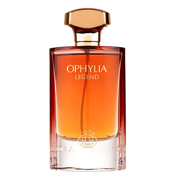 Perfume bottle labeled 'Ophylia Legend' with a gold cap on a white background