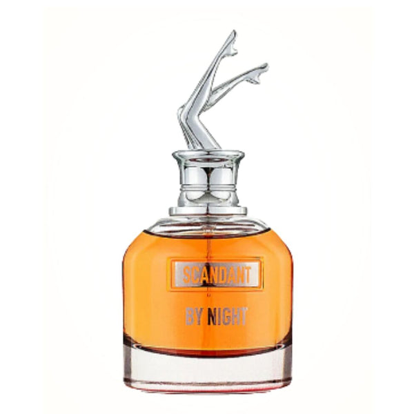Perfume bottle labeled 'Scandal by Night' with a silver cap on a white background