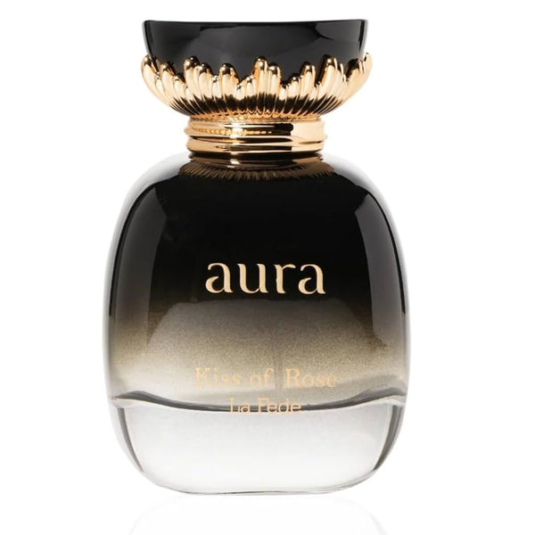 Perfume bottle labeled 'aura' with a black and gold design on a white background