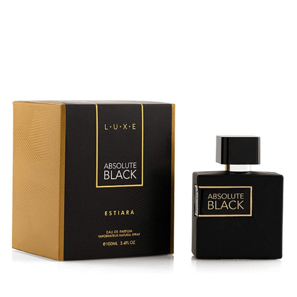 Estiara Absolute Black perfume bottle and packaging on a white background