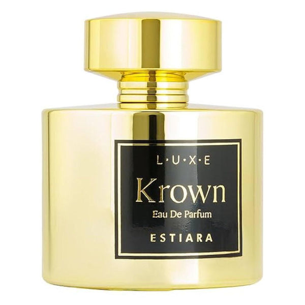 Gold perfume bottle labeled 'Krown' by ESTIARA on a white background