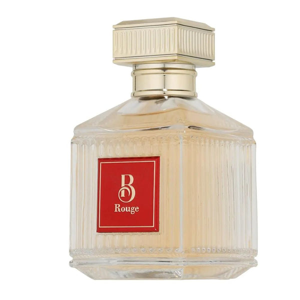 Perfume bottle with gold cap and red label on a white background