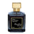Perfume bottle with gold cap and black label on a white background