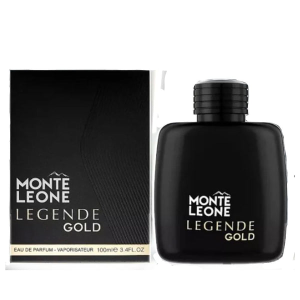 Black Monte Leone Legende Gold perfume bottle and packaging on a white background