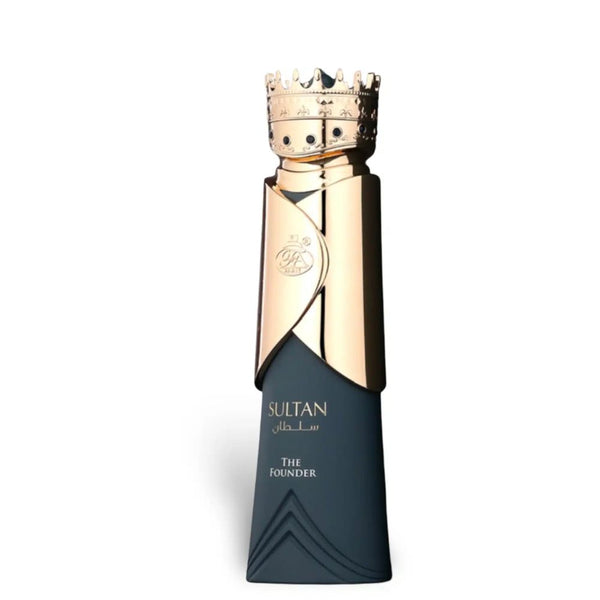 Perfume bottle with gold cap and black body on a white background