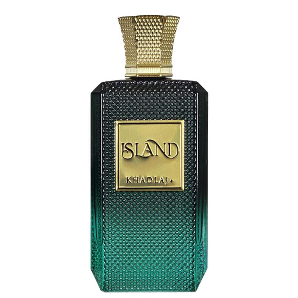 Perfume bottle with gold cap and 'Island Khadlai' branding on a white background
