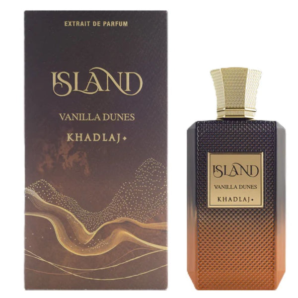 Perfume bottle and packaging of Island Vanilla Dunes Khadlaj on a white background