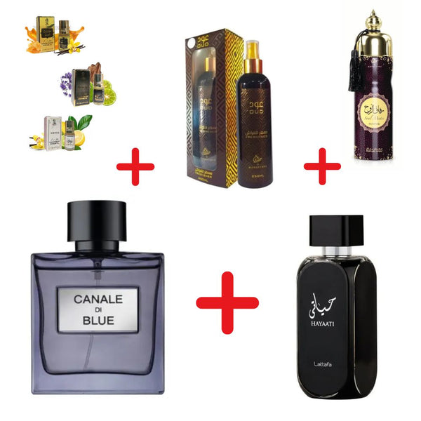 Lattafa Hayaati + Fragrance World Canal Di Blue + My Perfumes Soul Mate Intense + Otoori Oud + 3 мини парфюмни масла