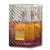 Perfume bottle with crystal design and gold label on a white background