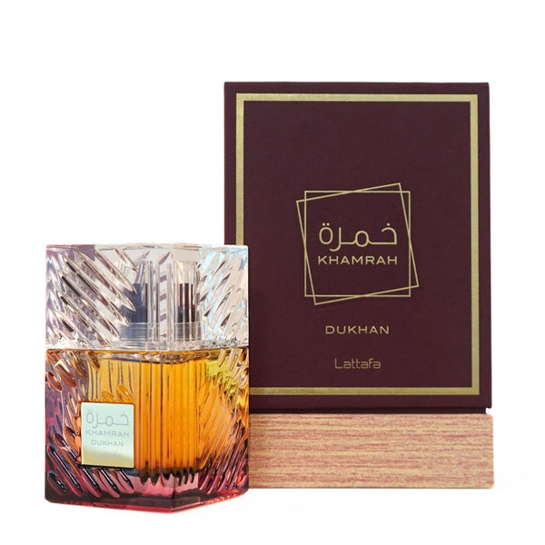 Perfume bottle with 'Khamrah' packaging on a white background