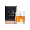 Perfume bottle with Khamrah branding next to a black box with the brand name.