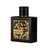 Black perfume bottle with gold design and text on a white background
