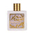 Perfume bottle with gold cap and intricate design on a white background