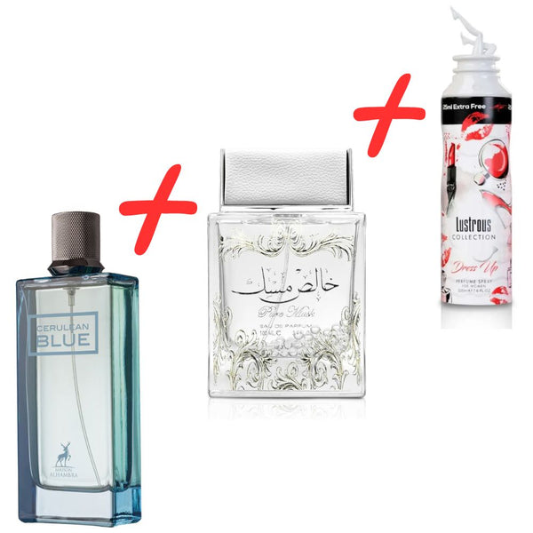 Maison Alhambra Cerulean Blue + Lattafa Pure Musk + My Perfumes Lustrous Collection Dress Up Women