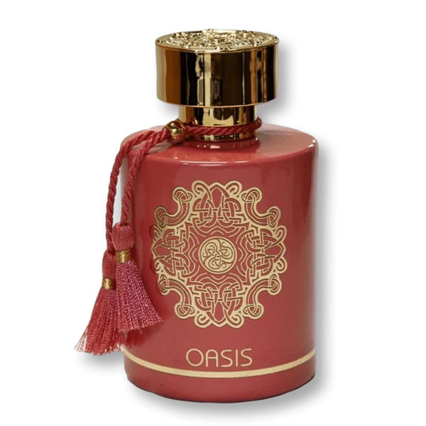 Red perfume bottle with gold accents and 'Oasis' branding on a white background