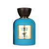 Blue perfume bottle with gold label on a white background
