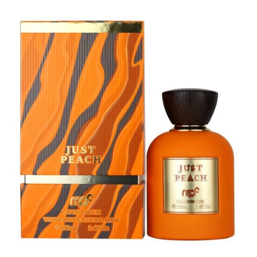 Orange perfume bottle and packaging with 'Just Peach' branding on a white background