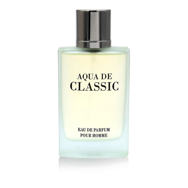 Perfume bottle labeled 'Aqua de Classic' on a white background