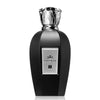 Black perfume bottle with silver cap on a white background