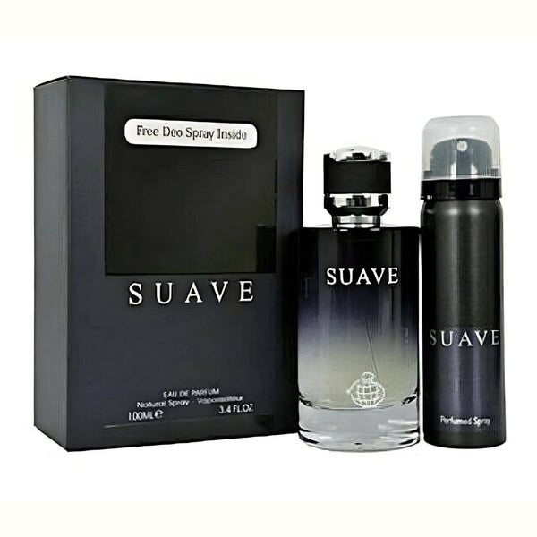 Suave perfume set with black packaging and bottles on a white background