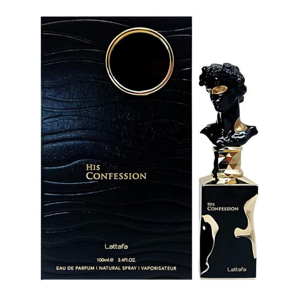 Lattafa 'His Confession' perfume bottle and packaging on a white background