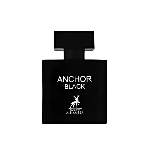 Black perfume bottle labeled 'Anchor Black' on a white background