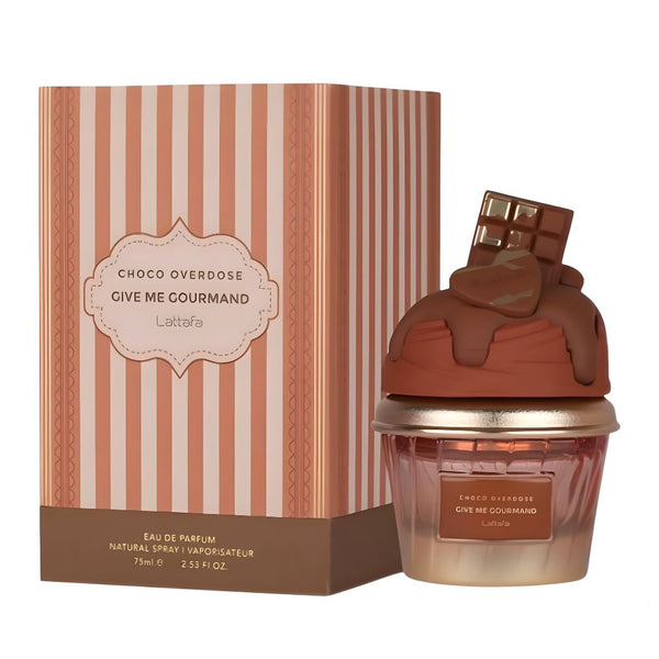 Chocolate-themed perfume bottle and packaging with 'Choco Overdose Give Me Gourmand' branding.