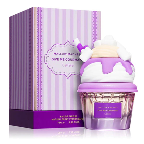 Perfume bottle with purple lid and packaging featuring 'Mallow Madness' branding.