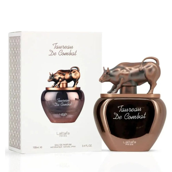 Perfume bottle and packaging of 'Taureau De Combat' by Lattafa on a white background