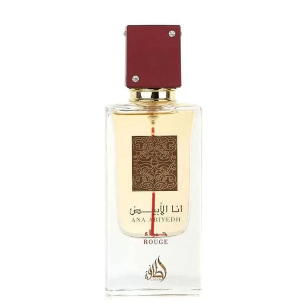 Perfume bottle with maroon cap and decorative label on a white background