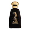 Black perfume bottle with gold cap and intricate design on a white background