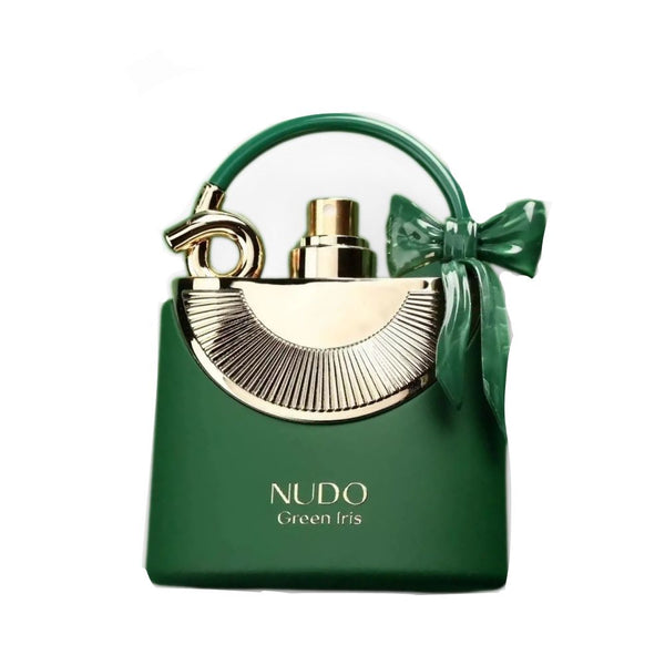 Green perfume bottle with gold accents and a bow on a white background