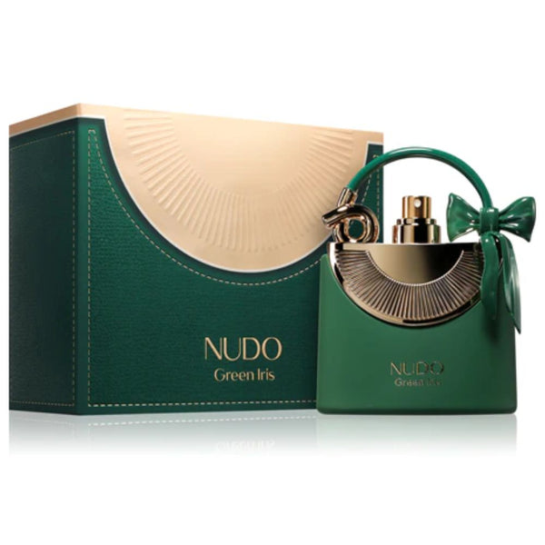 Green Nudo perfume bottle with matching box on a white background