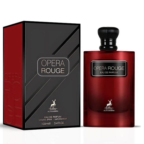 Red and black Opera Rouge perfume bottle and packaging on a white background