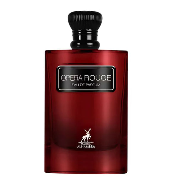 Red perfume bottle labeled 'Opera Rouge' on a white background