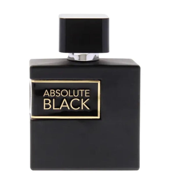 Black perfume bottle labeled 'Absolute Black' on a white background