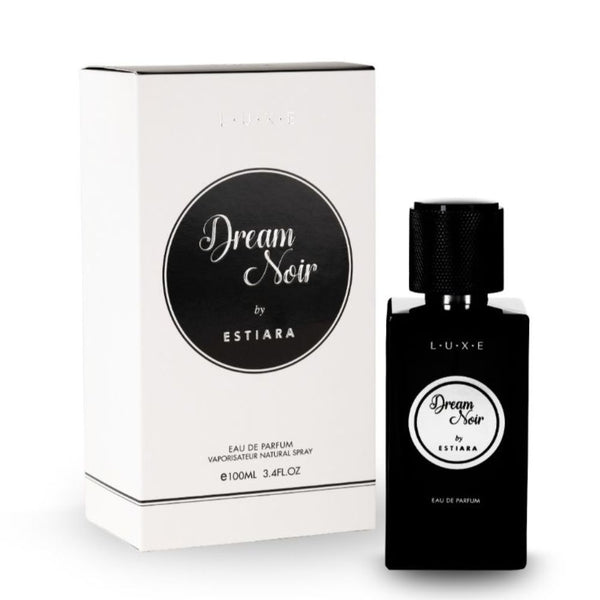 Perfume bottle and packaging of 'Dream Noir' by Estiara on a white background