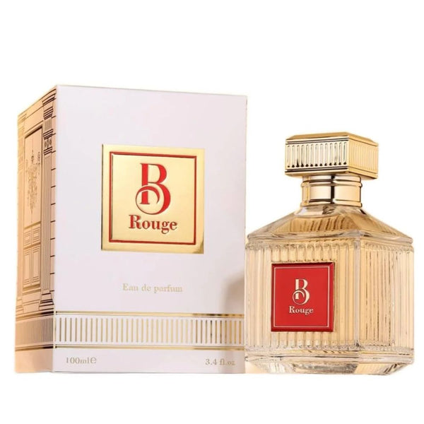 Gold perfume bottle and packaging with 'DB Rouge' branding on a white background