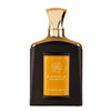 Perfume bottle with gold cap and black body on a white background