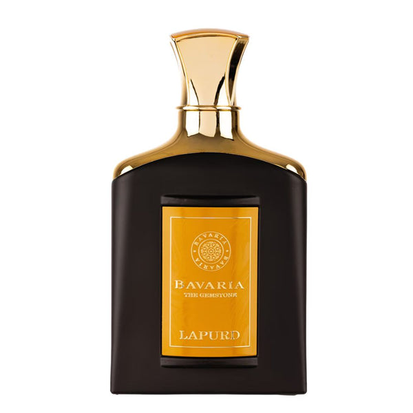 Perfume bottle with gold cap and black body on a white background