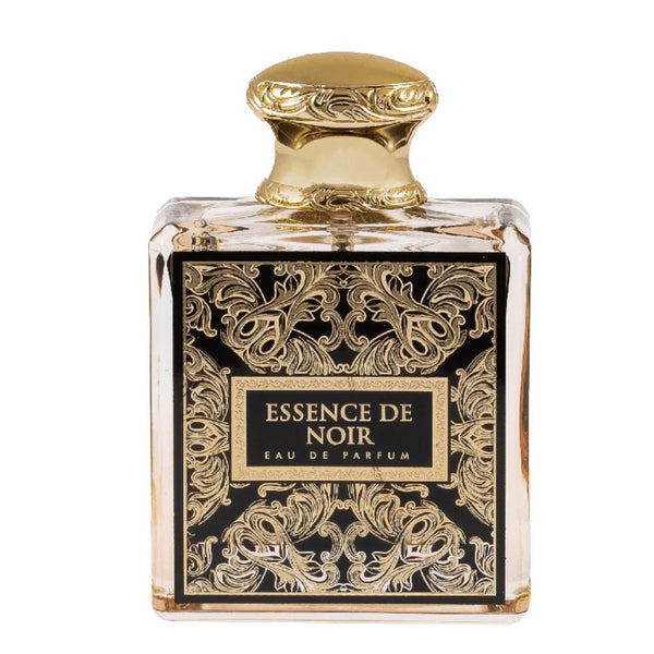 Perfume bottle labeled 'Essence de Noir' with gold and black design on a white background