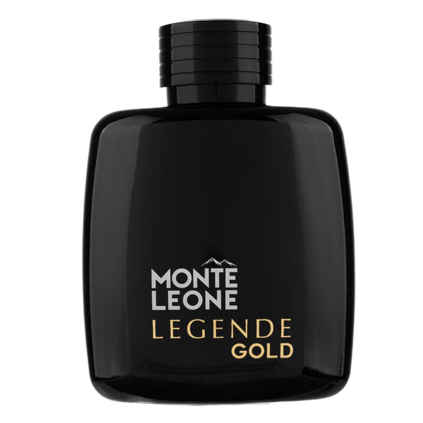 Black Monte Leone Legende Gold perfume bottle on a white background