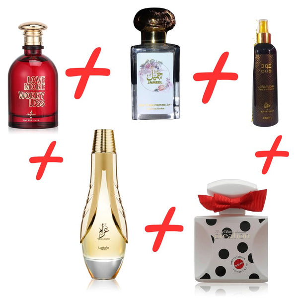 Lattafa Pride Gharam + My Perfumes Baug Sons Creation Passion Limited Edition + Otoori Jameela + My Perfumes Love More Worry Less + Otoori Oud