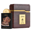 Kashan Lattafa perfume bottle and wooden box on a white background