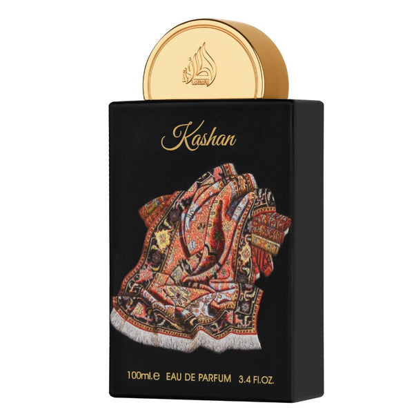 Kashan Eau de Parfum packaging with gold cap and black box featuring a patterned design.